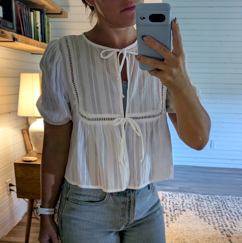 White Sheer Blouse with Tie Front